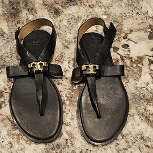 Black Leather Sandals with Gold Accent